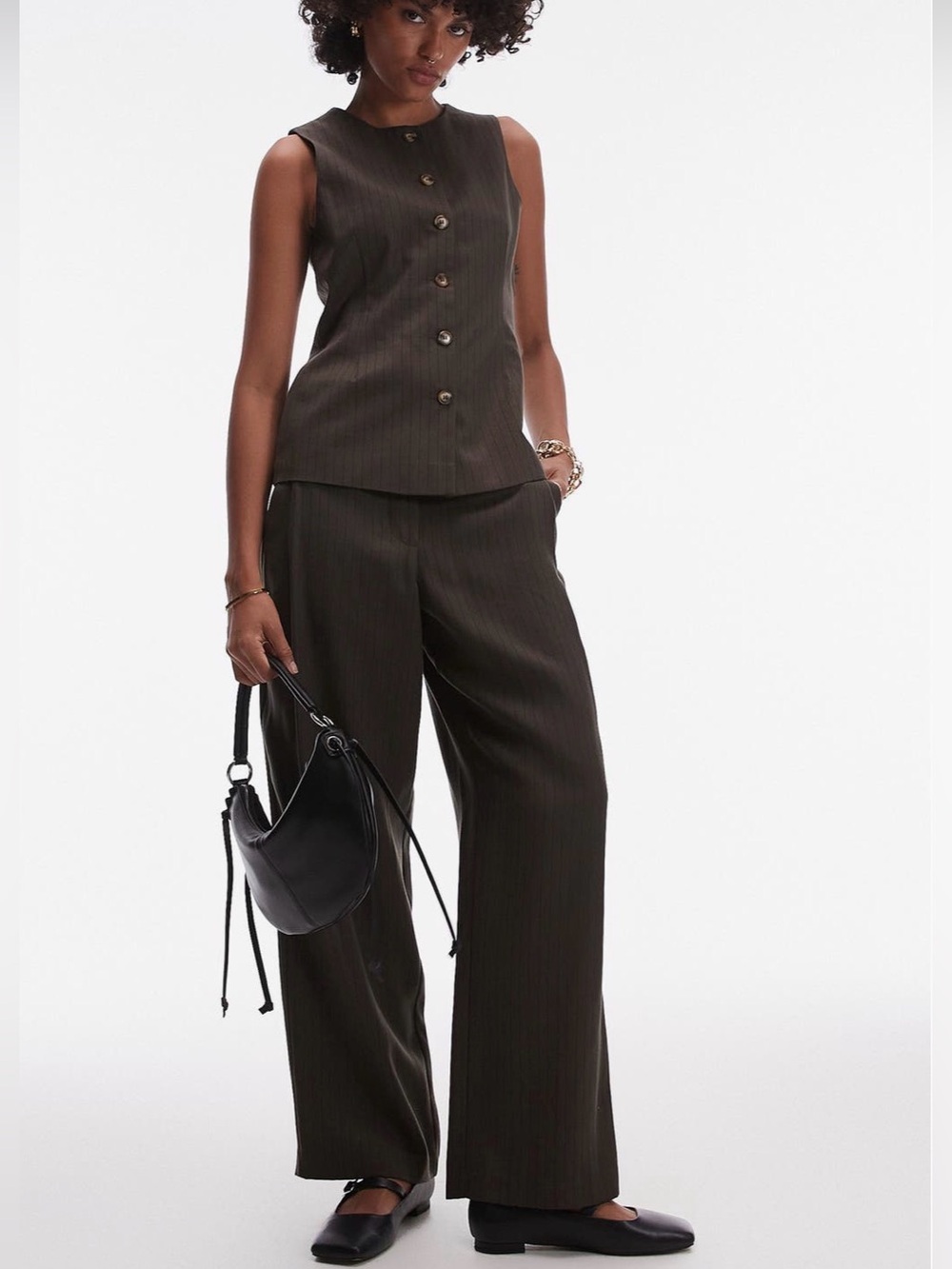 Topshop Dark Brown Pinstripe Wide-Leg Pants